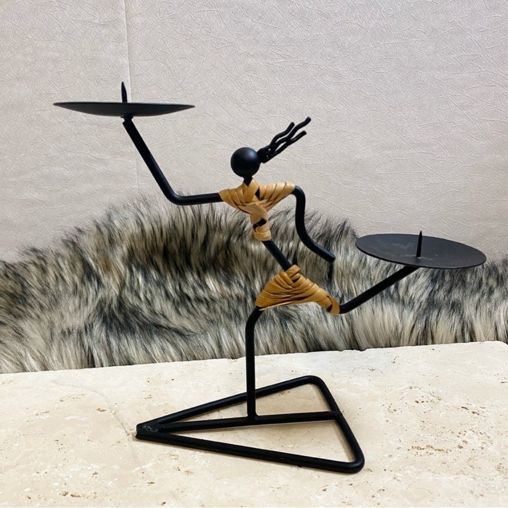 Vintage 1960s Laudris Lonborg Danish Stick Figure Candlestick MCM Rattan Metal